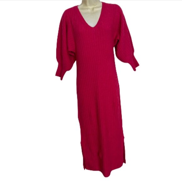Rachel Parcell Pink Rouge ribbed knit sweater dress sz XS Vneck bubble sleeve - Picture 2 of 16